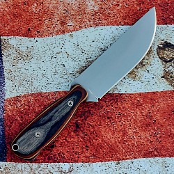 Knife 48 - drop point hunter with a polished 1095 steel blade. The Royal Jacaranda laminated wood scales with blue liners measure 4 1/2' long. The knife features file work on the spine, mosaic pins and a stainless steel lanyard hole. A kydex sheath with teklok spacing is included. $160.00 + $10.00 shipping and handling