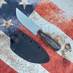 Knife 48 - drop point hunter with a polished 1095 steel blade. The Royal Jacaranda laminated wood scales with blue liners measure 4 1/2' long. The knife features file work on the spine, mosaic pins and a stainless steel lanyard hole. A kydex sheath with teklok spacing is included. $160.00 + $10.00 shipping and handling