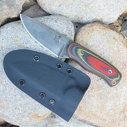 Knife 304 - San Mai drop point with a 1095 core and 80CRV2 steel outer cladding. The scales are crafted from Contra G-10. The knife features jimping on the spine, copper mosaic pins and a copper lanyard hole. The leather lined kydex sheath is included and is set up for both vertical and horizontal carry. $425.00 + $10.00 shipping and handling