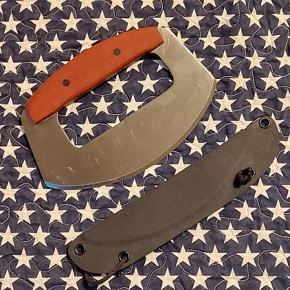 Knife 329 - handforged ulu from a recycled DeWalt saw blade. The cutting edge measures 6