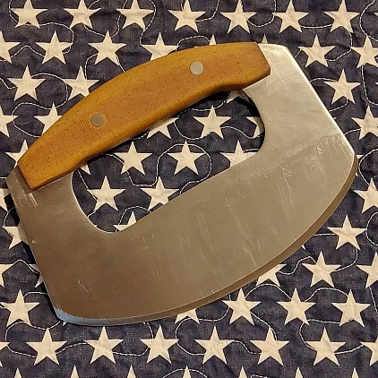 Knife 328 - handforged ulu made from a recycled DeWalt saw blade. The cutting edge measures 6
